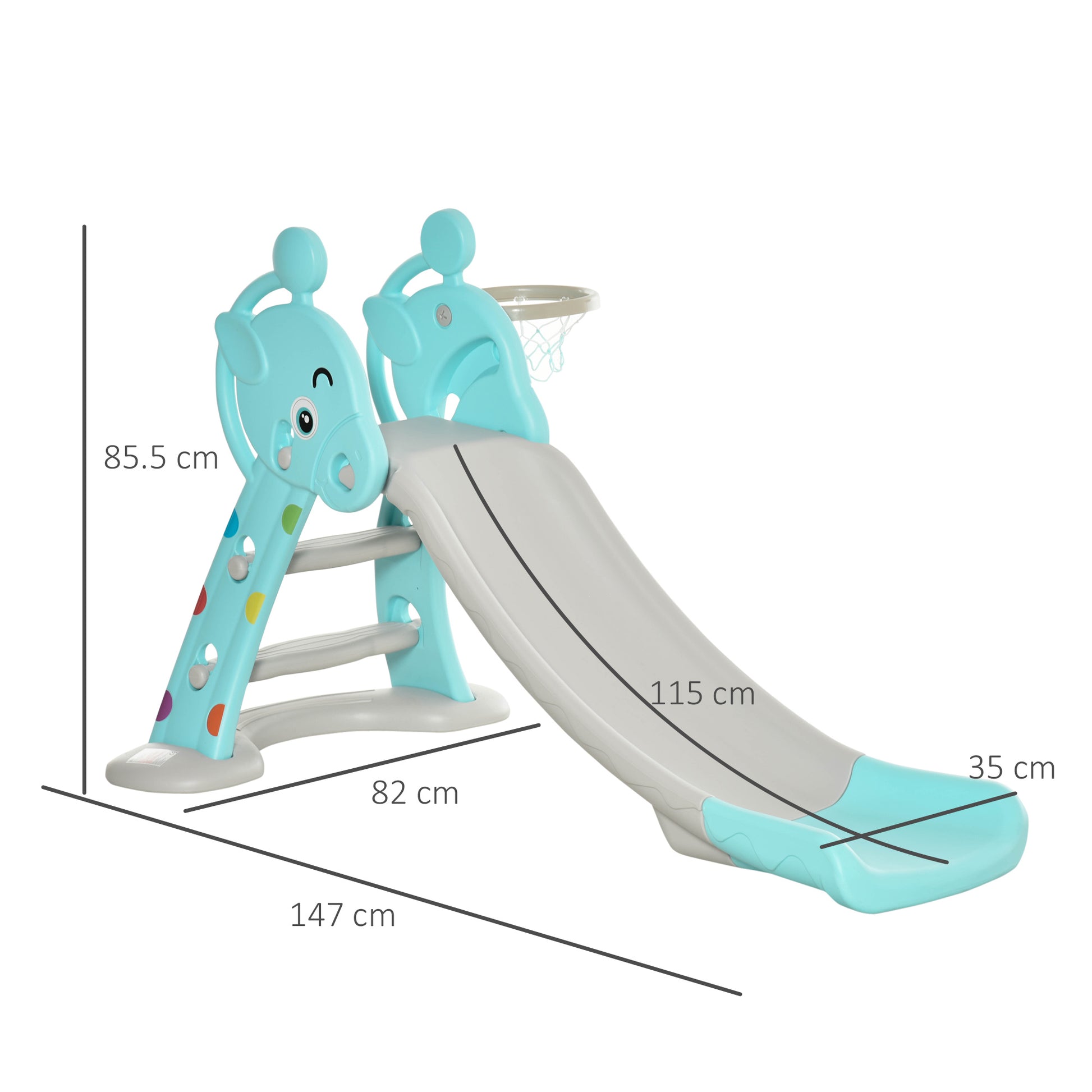 Kids Slide with Basketball Hoop Climbing Ladder for Children +18 months Indoor and Outdoor Use Max Load 20KG dim. 147L x 82W x 85.5H cm Blue and Gray