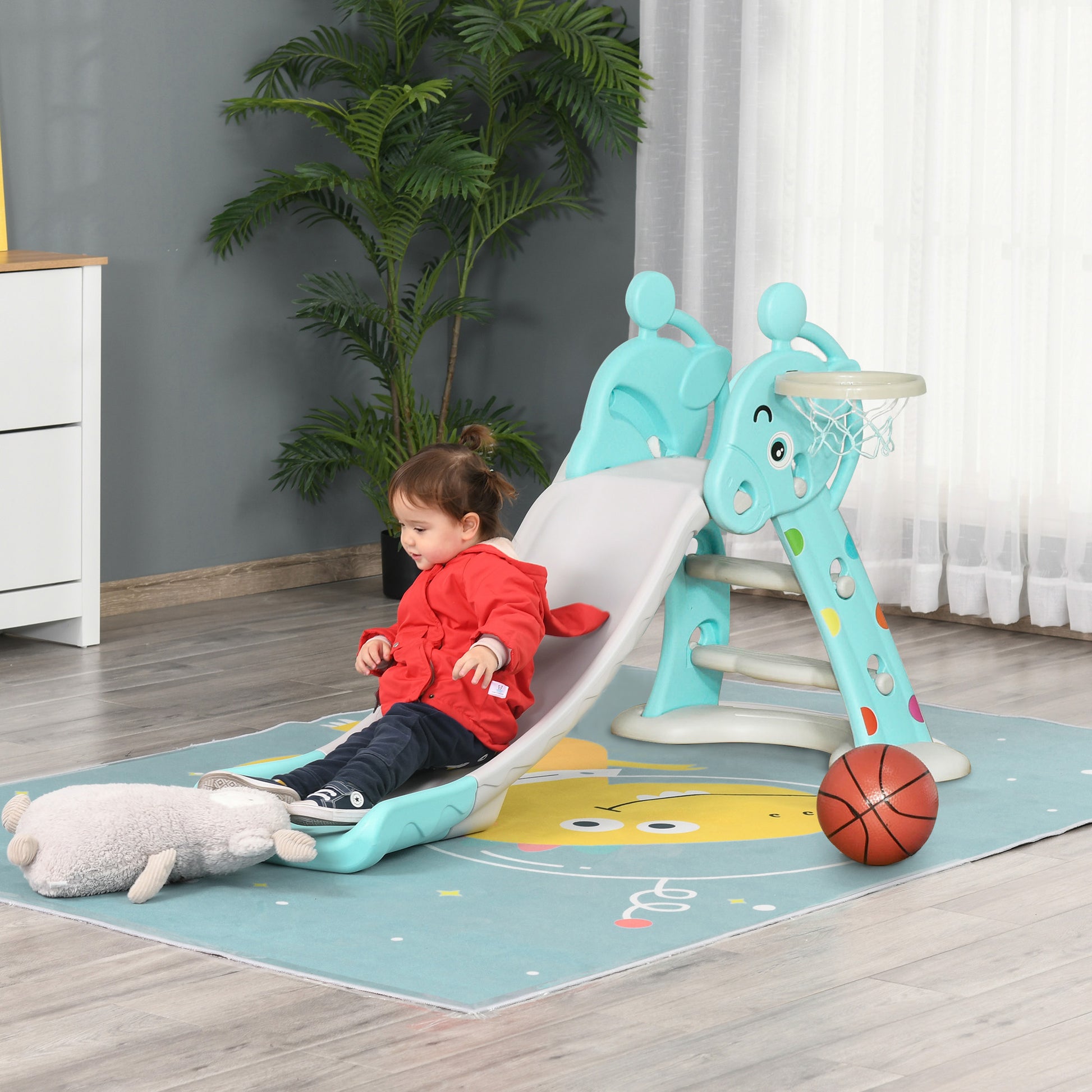 Kids Slide with Basketball Hoop Climbing Ladder for Children +18 months Indoor and Outdoor Use Max Load 20KG dim. 147L x 82W x 85.5H cm Blue and Gray
