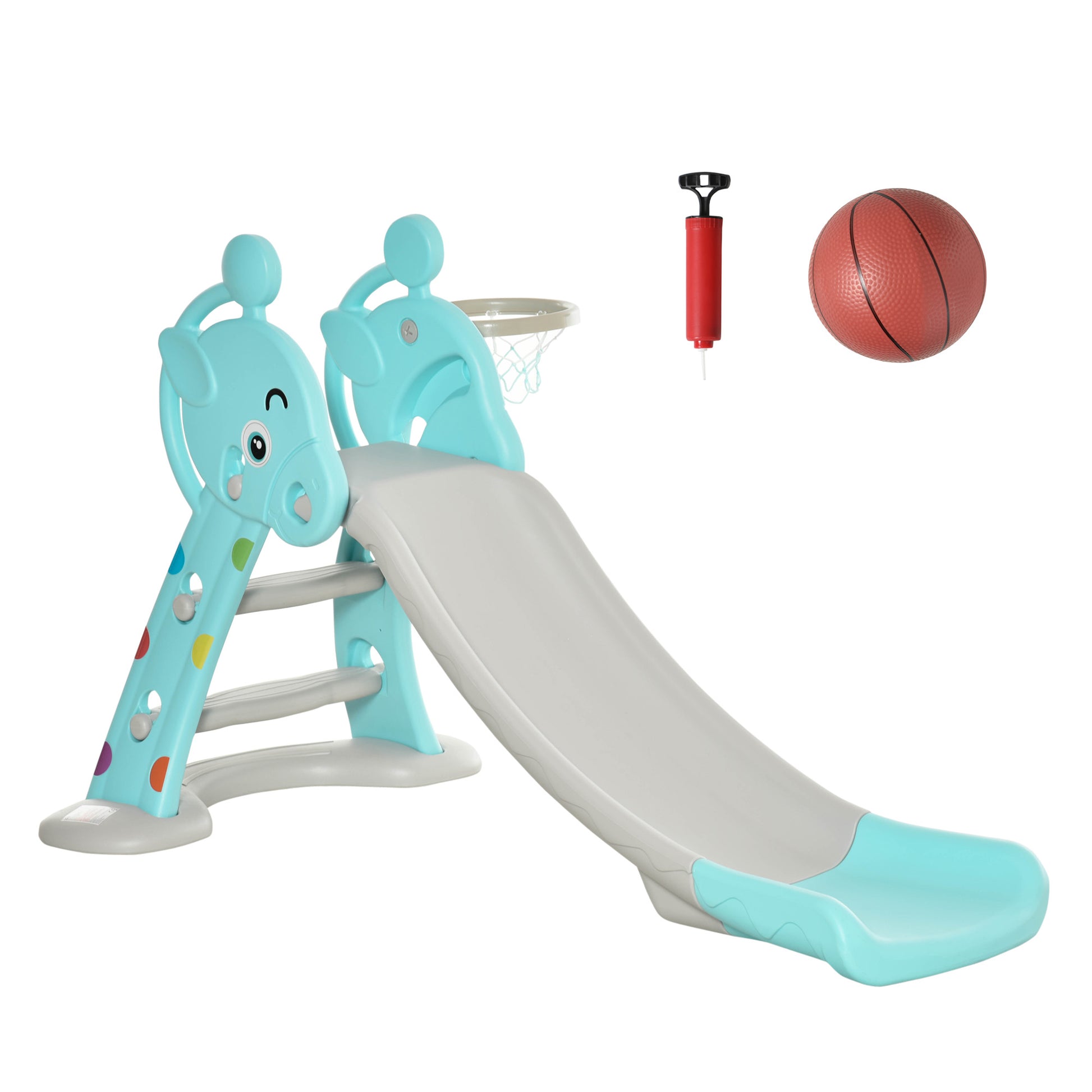 Kids Slide with Basketball Hoop Climbing Ladder for Children +18 months Indoor and Outdoor Use Max Load 20KG dim. 147L x 82W x 85.5H cm Blue and Gray
