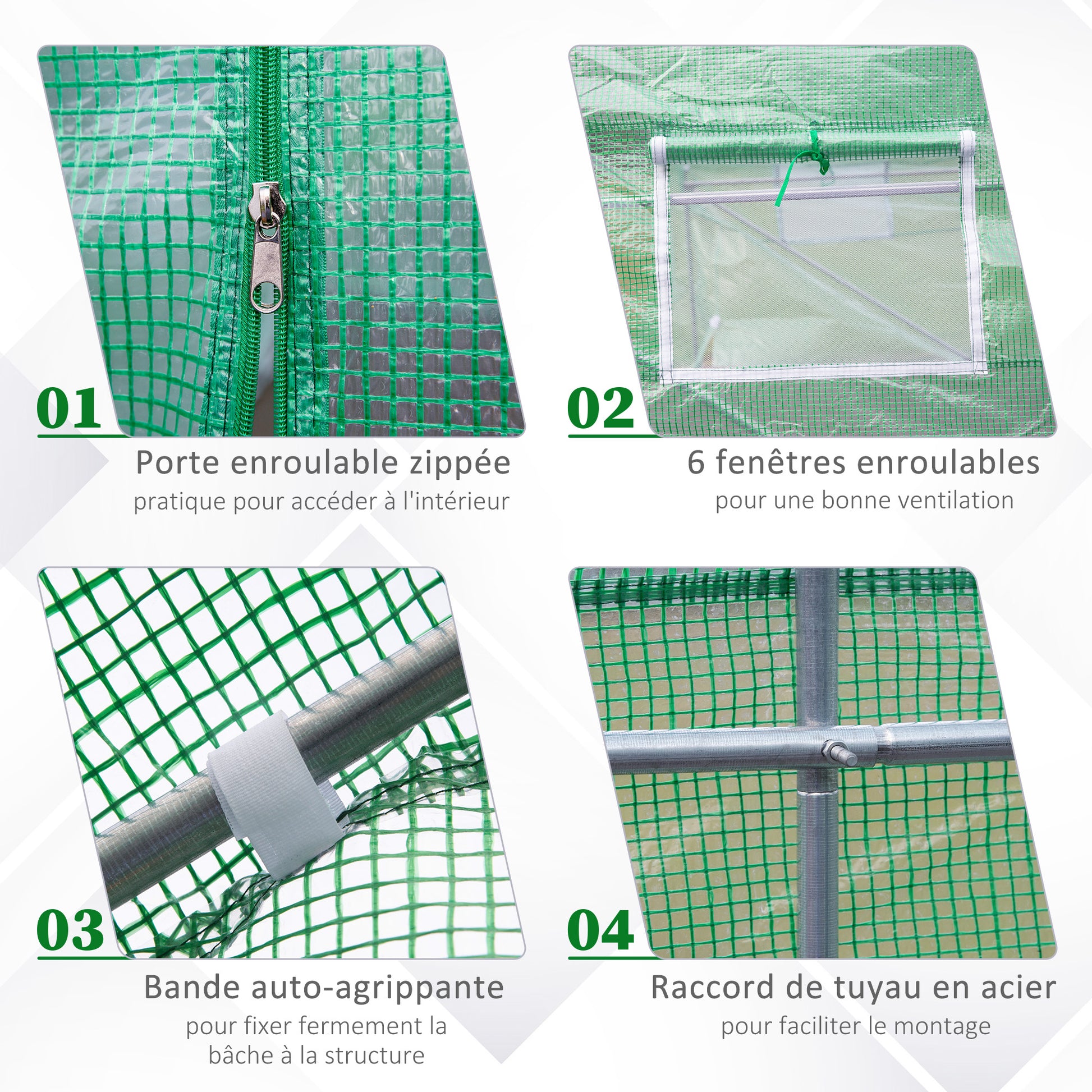 Garden Tunnel Greenhouse Ground Area 10.5 m² 3.5 x 3 x 2 m Reinforced Tubular Frame Zippered Door 6 Roll-up Windows Green
