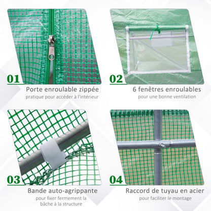 Garden Tunnel Greenhouse Ground Area 10.5 m² 3.5 x 3 x 2 m Reinforced Tubular Frame Zippered Door 6 Roll-up Windows Green