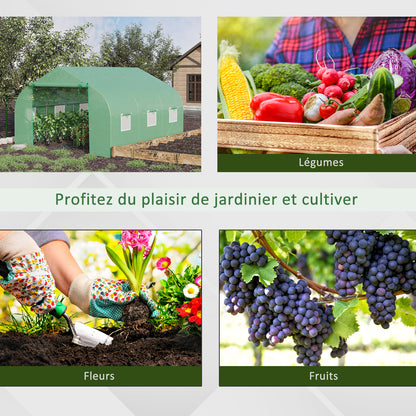 Garden Tunnel Greenhouse Ground Area 10.5 m² 3.5 x 3 x 2 m Reinforced Tubular Frame Zippered Door 6 Roll-up Windows Green