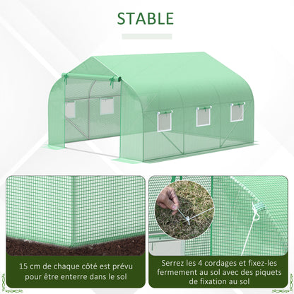 Garden Tunnel Greenhouse Ground Area 10.5 m² 3.5 x 3 x 2 m Reinforced Tubular Frame Zippered Door 6 Roll-up Windows Green