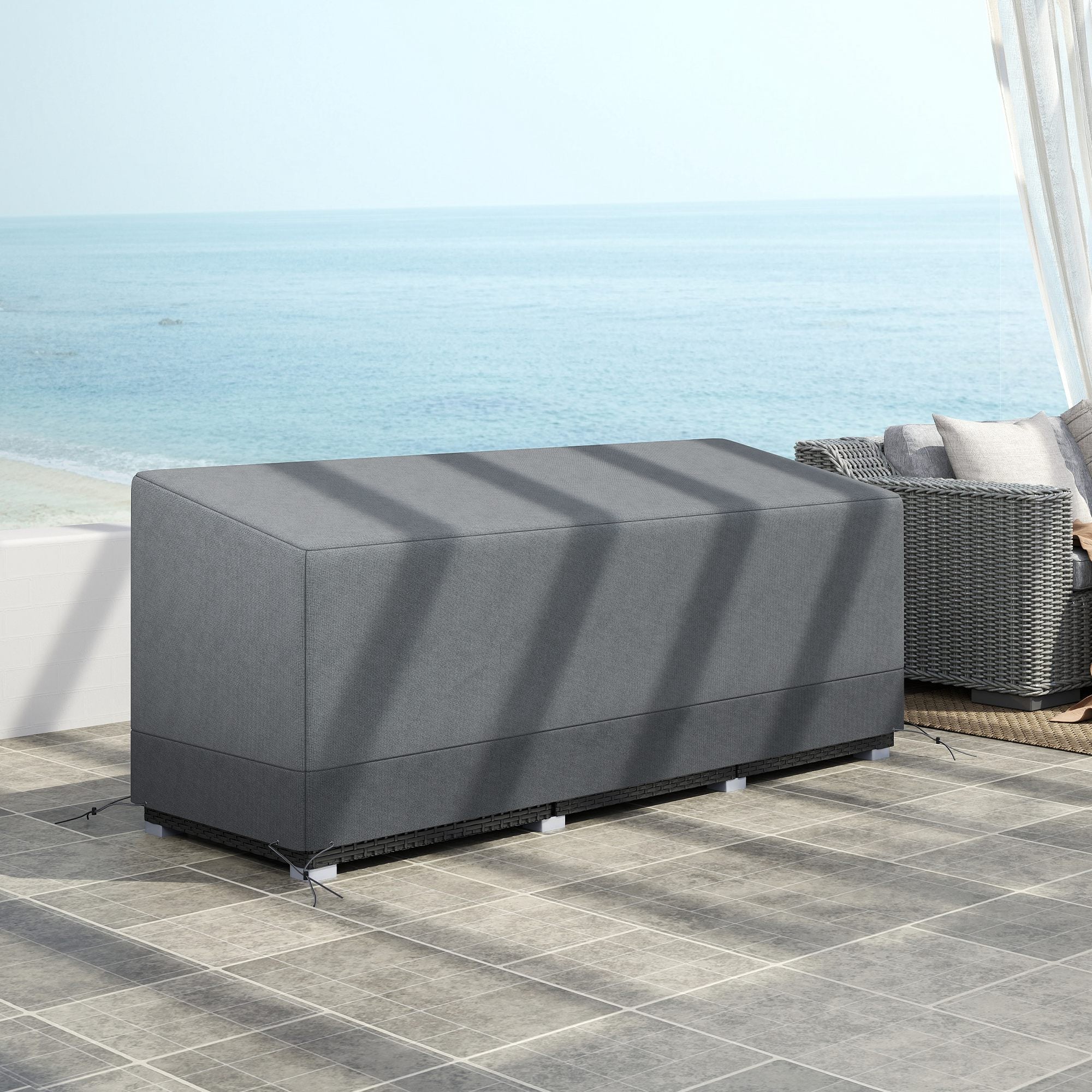 Waterproof Winter Patio Furniture Cover — Windproof, UV-Resistant 600D Oxford Tarp for Terrace Furniture, 75 x 28.3 x 24.8–29.9 in, Light Gray