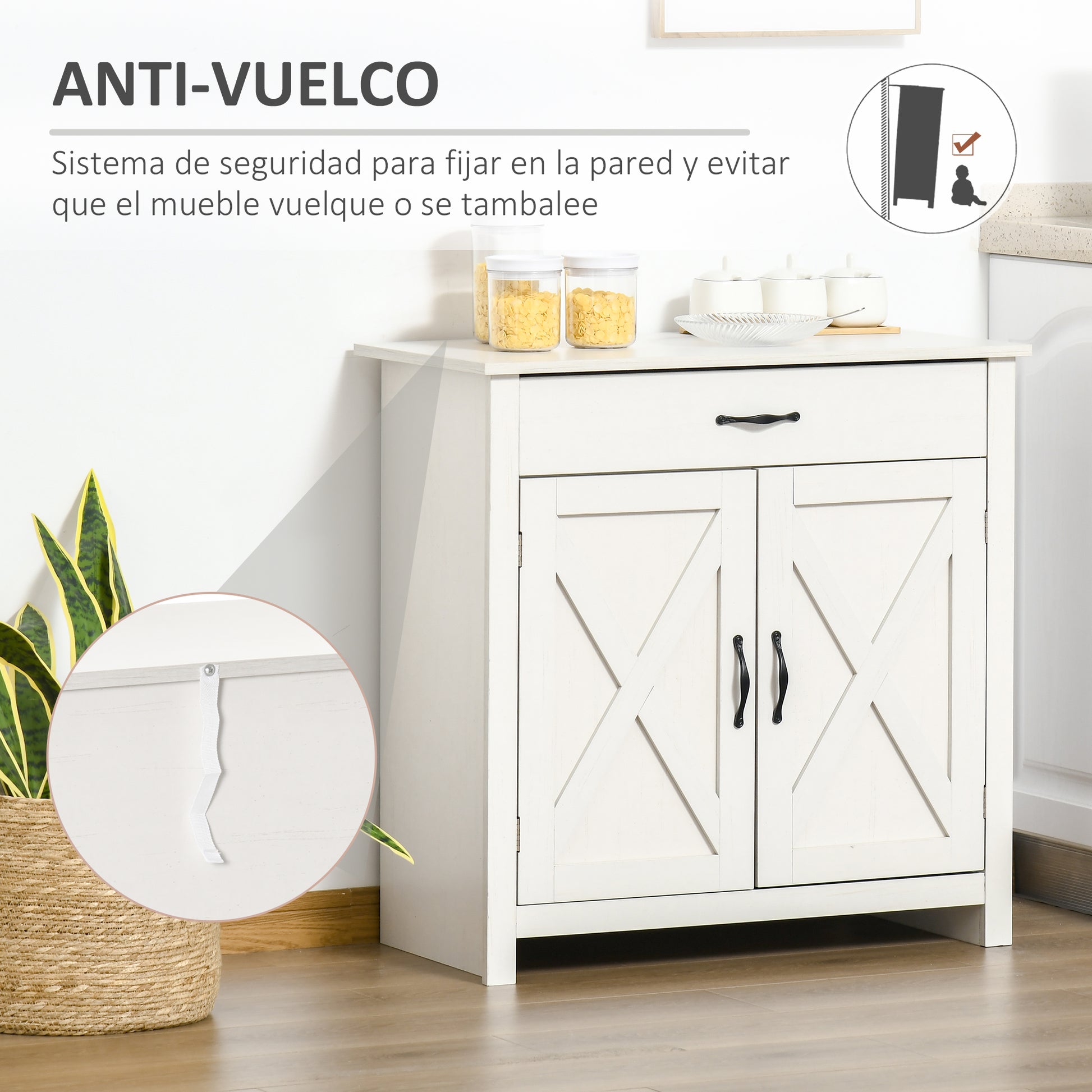 Kitchen Sideboard Buffet for Living Room with 1 Drawer 2 Doors and Adjustable Inner Shelf Decorative Auxiliary Furniture for Dining Room 80x39.7x80 cm White Wash