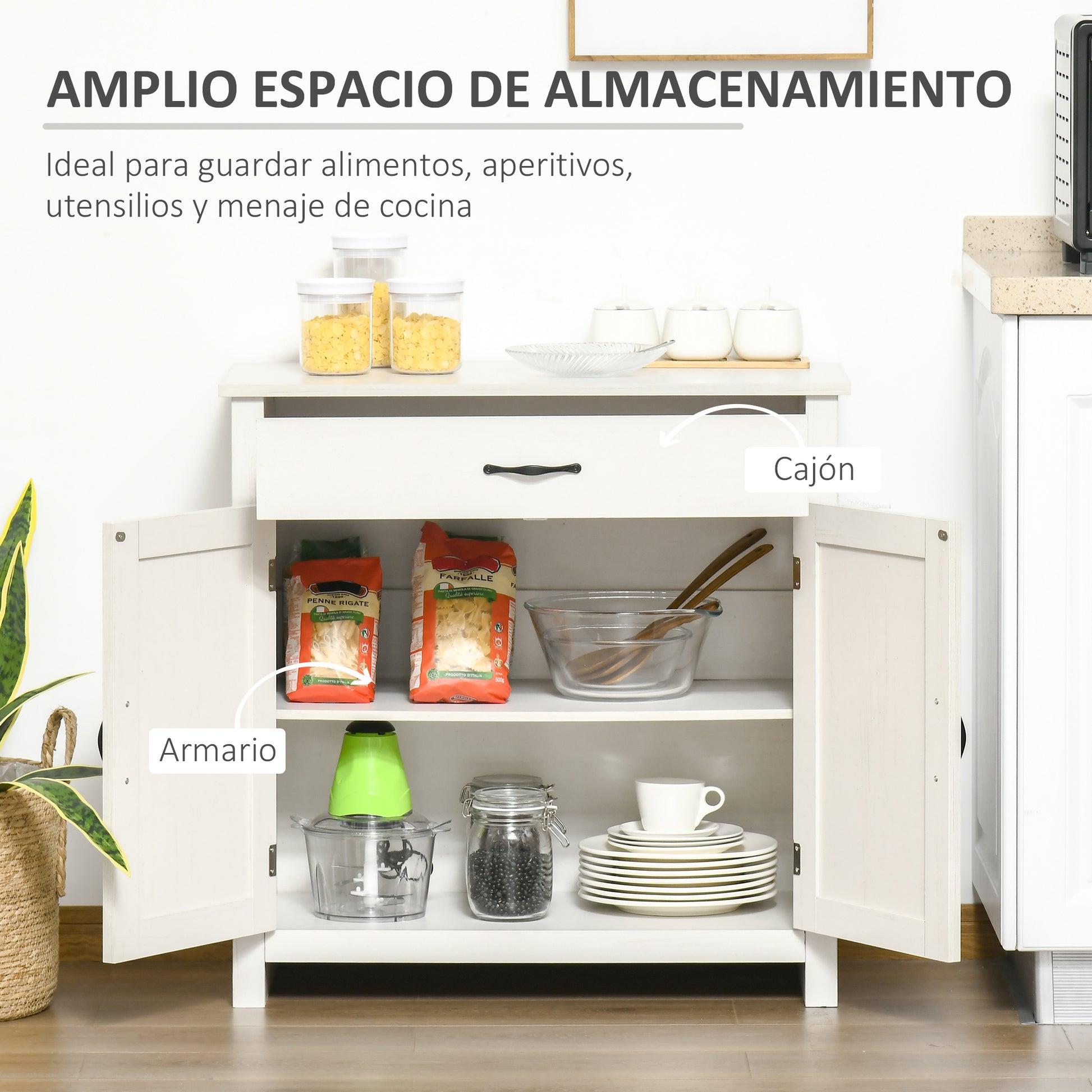 Kitchen Sideboard Buffet for Living Room with 1 Drawer 2 Doors and Adjustable Inner Shelf Decorative Auxiliary Furniture for Dining Room 80x39.7x80 cm White Wash