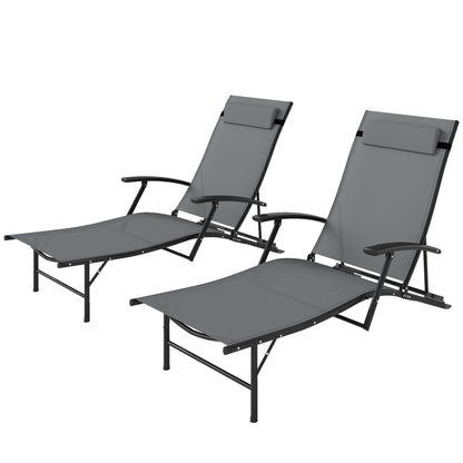 Set of 2 Folding Sun Loungers with 4-Level Adjustable Backrest, Garden Recliner with Seat and Headrest in Steel and Textilene, for Beach, Poolside, 64x168x75 cm, Gray