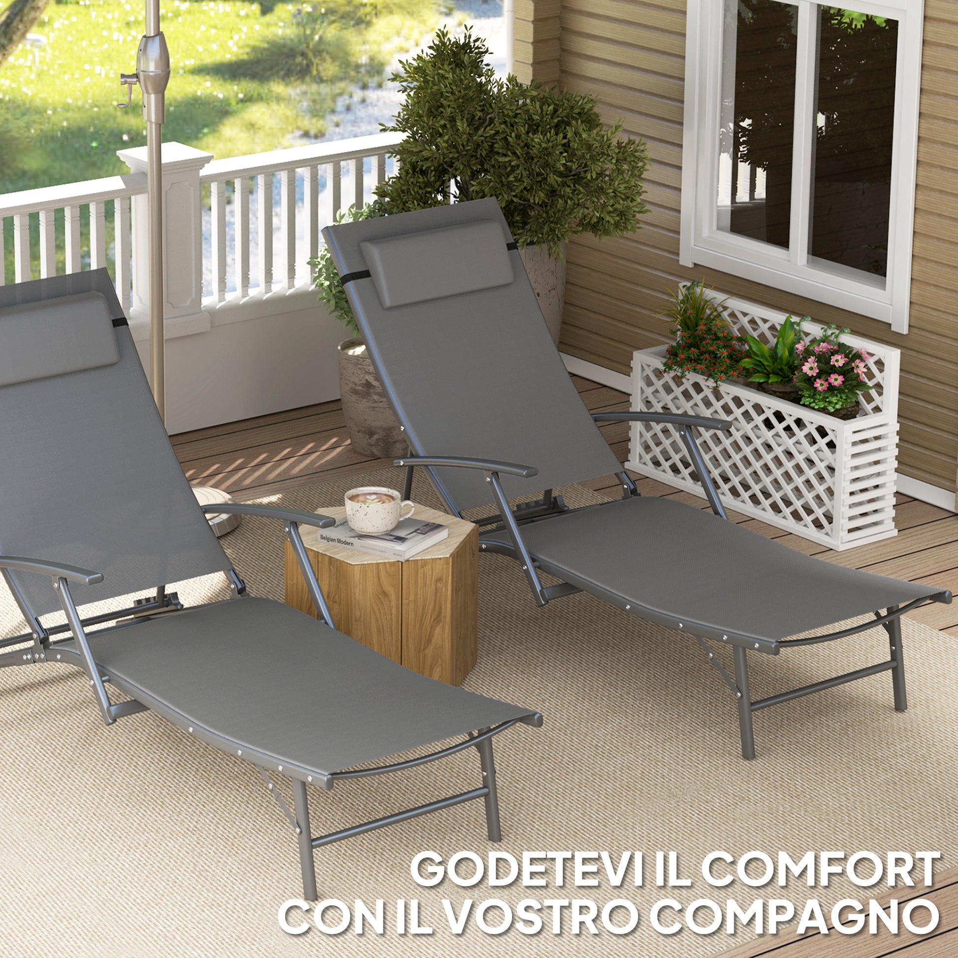 Set of 2 Folding Sun Loungers with 4-Level Adjustable Backrest, Garden Recliner with Seat and Headrest in Steel and Textilene, for Beach, Poolside, 64x168x75 cm, Gray