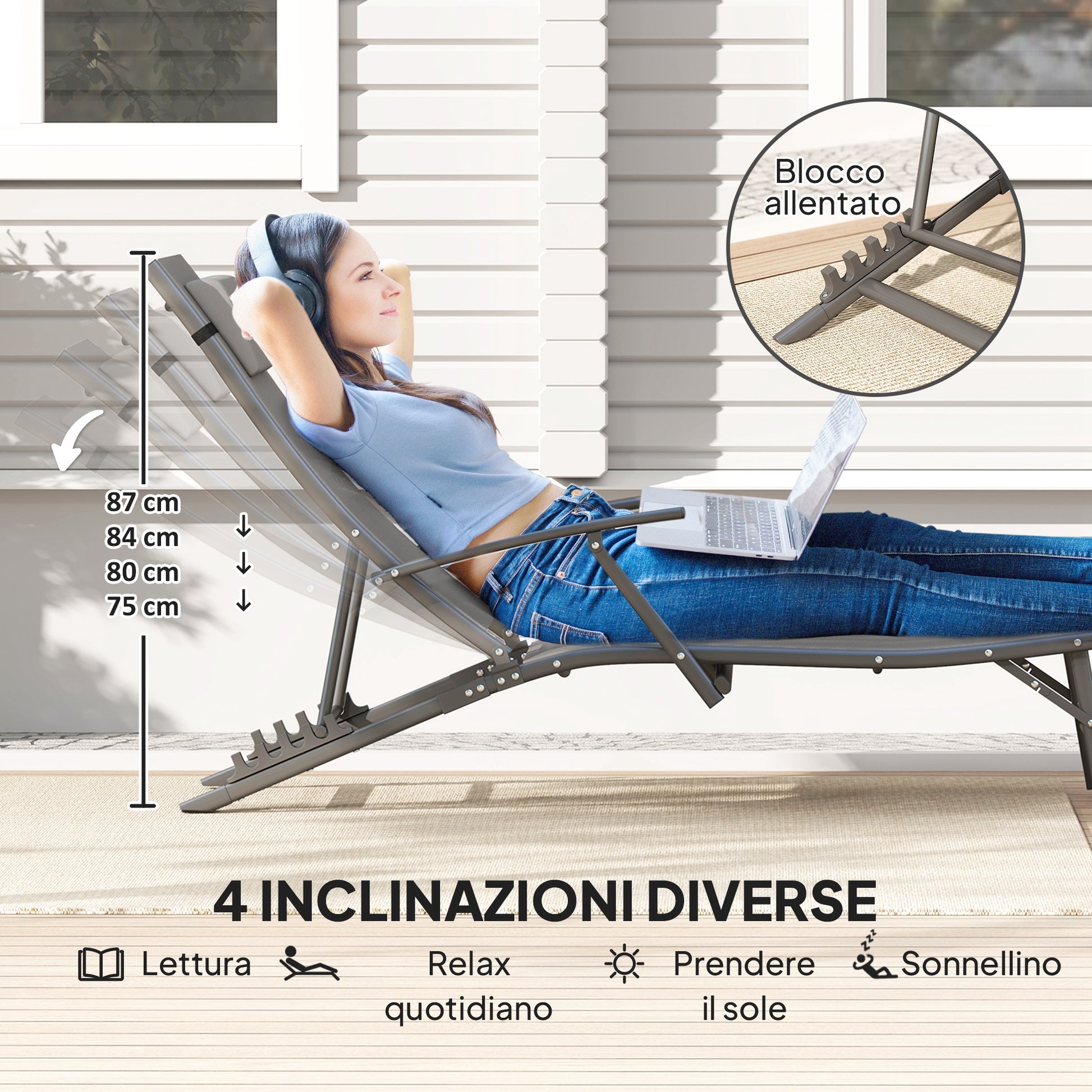 Set of 2 Folding Sun Loungers with 4-Level Adjustable Backrest, Garden Recliner with Seat and Headrest in Steel and Textilene, for Beach, Poolside, 64x168x75 cm, Gray