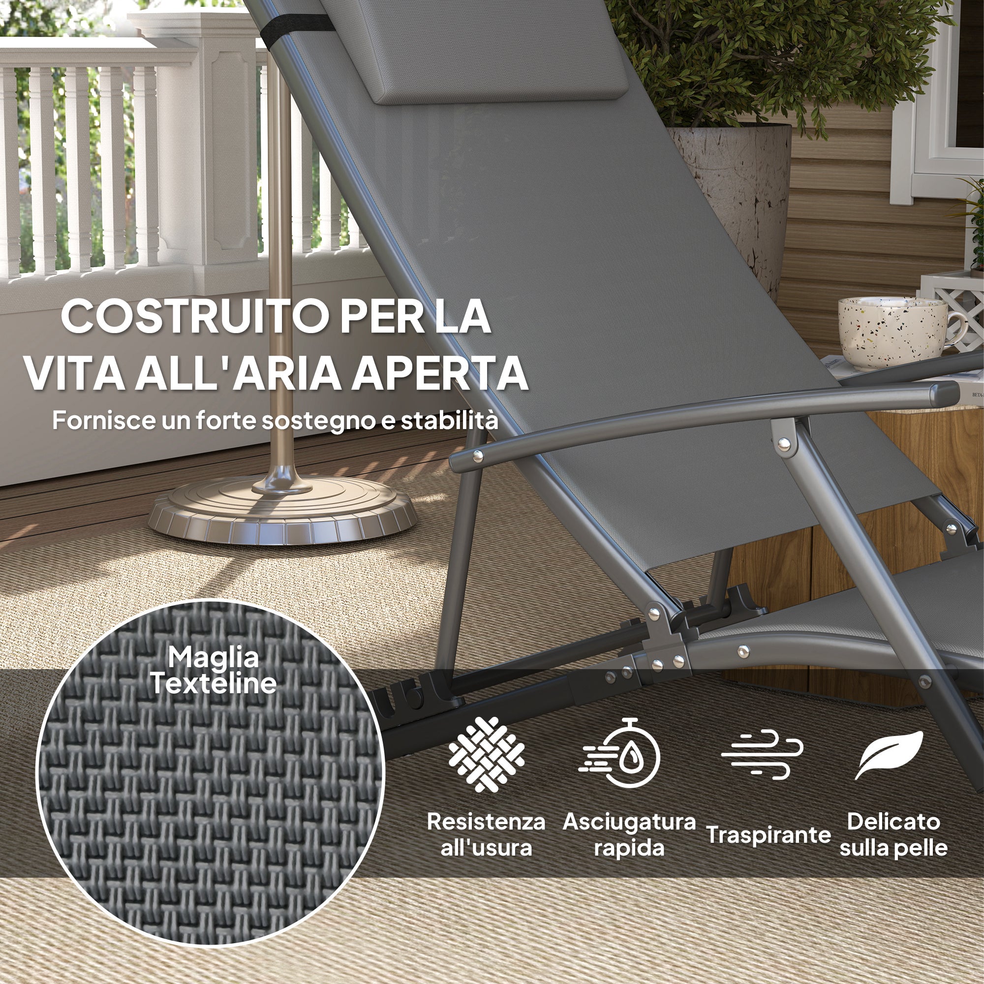 Set of 2 Folding Sun Loungers with 4-Level Adjustable Backrest, Garden Recliner with Seat and Headrest in Steel and Textilene, for Beach, Poolside, 64x168x75 cm, Gray