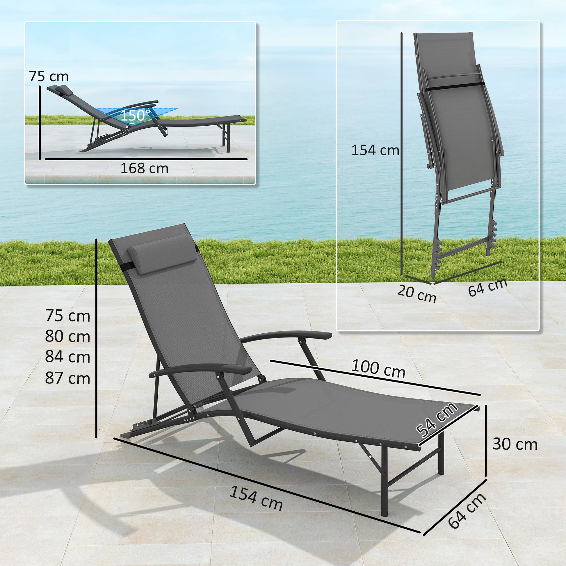 Set of 2 Folding Sun Loungers with 4-Level Adjustable Backrest, Garden Recliner with Seat and Headrest in Steel and Textilene, for Beach, Poolside, 64x168x75 cm, Gray