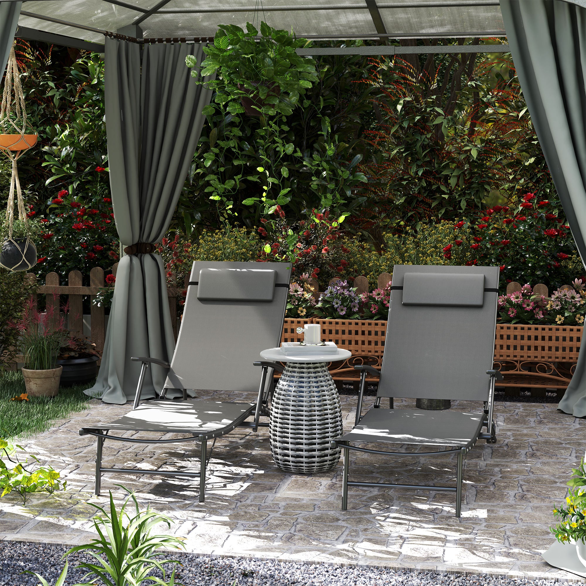 Set of 2 Folding Sun Loungers with 4-Level Adjustable Backrest, Garden Recliner with Seat and Headrest in Steel and Textilene, for Beach, Poolside, 64x168x75 cm, Gray
