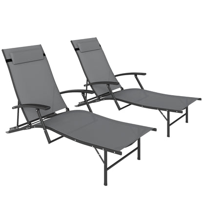 Set of 2 Folding Sun Loungers with 4-Level Adjustable Backrest, Garden Recliner with Seat and Headrest in Steel and Textilene, for Beach, Poolside, 64x168x75 cm, Gray