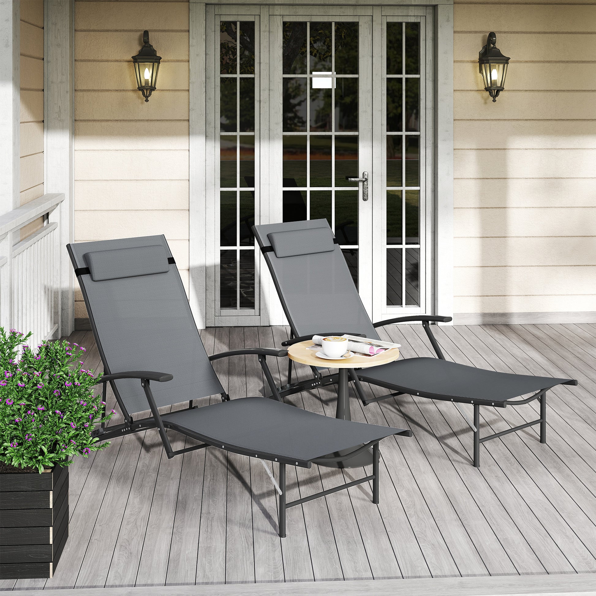 Set of 2 Folding Sun Loungers with 4-Level Adjustable Backrest, Garden Recliner with Seat and Headrest in Steel and Textilene, for Beach, Poolside, 64x168x75 cm, Gray