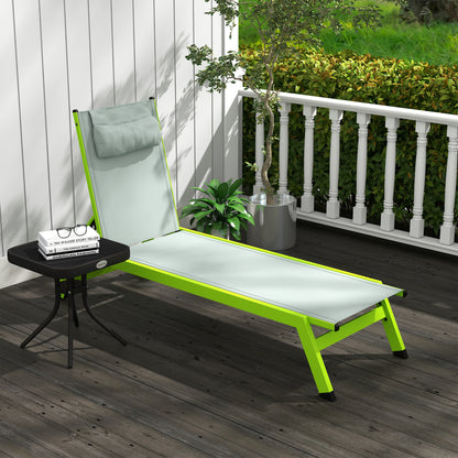Green Aluminum and Textilene Sun Lounger with Wheels, Adjustable Multi-Position Reclining Backrest and Headrest
