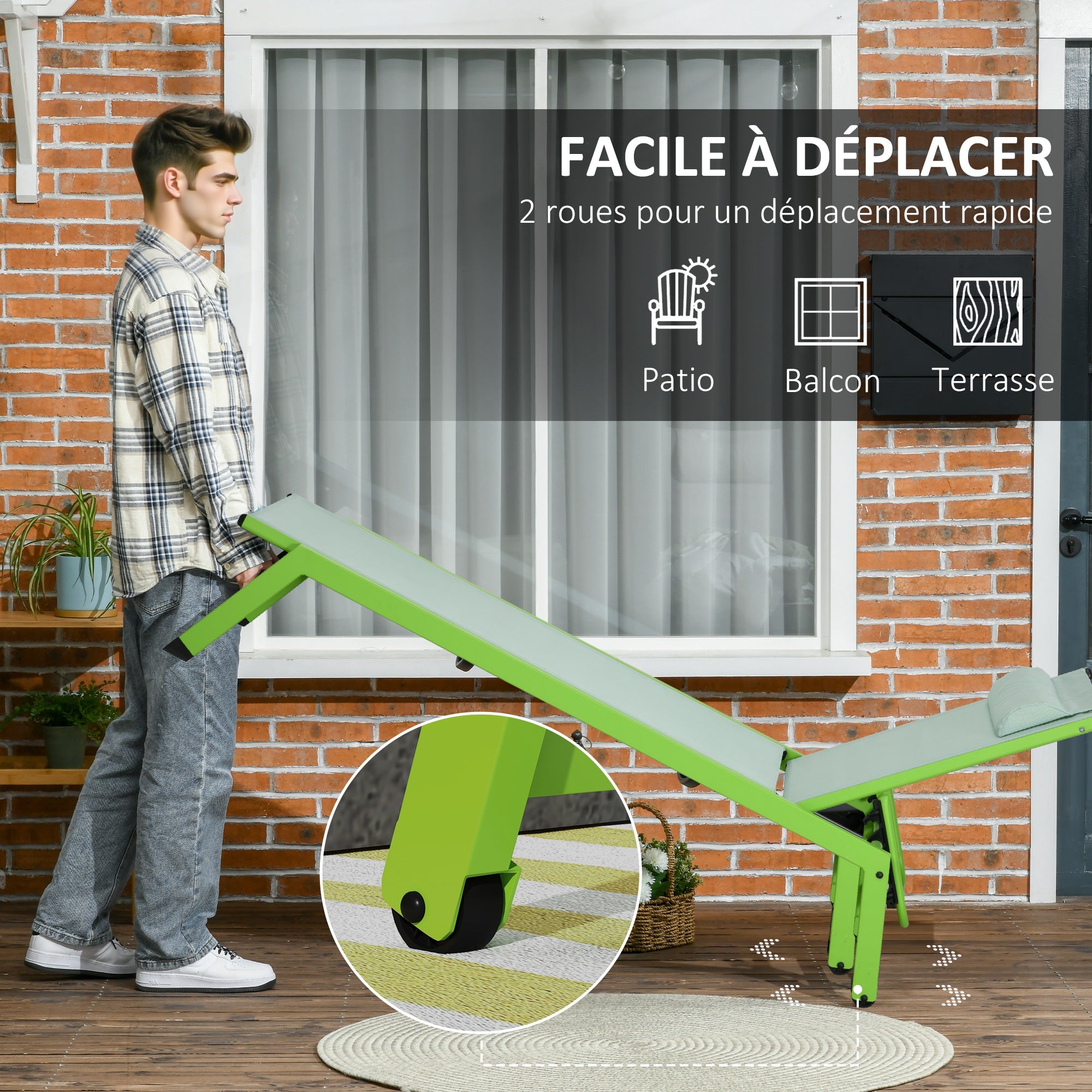 Green Aluminum and Textilene Sun Lounger with Wheels, Adjustable Multi-Position Reclining Backrest and Headrest
