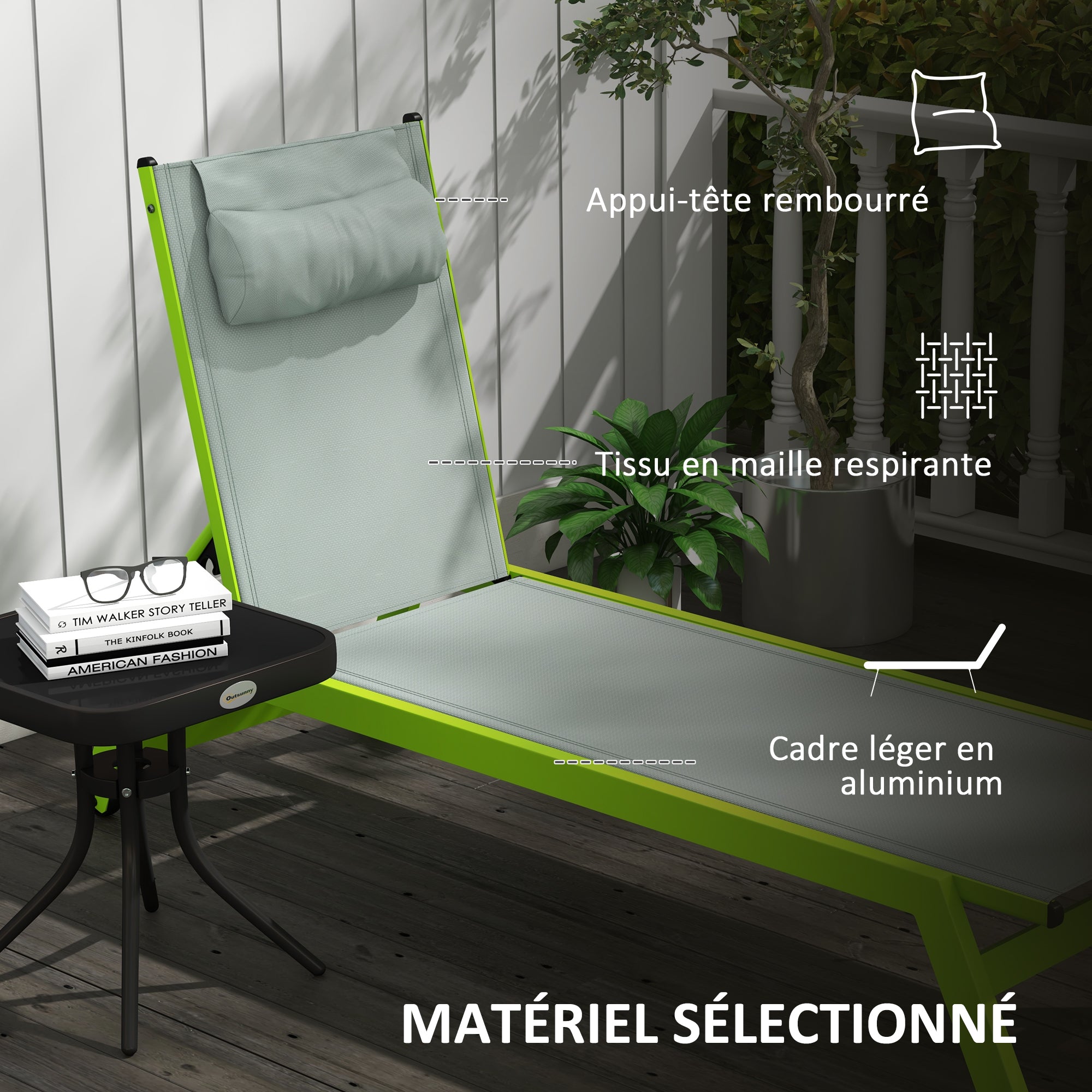 Green Aluminum and Textilene Sun Lounger with Wheels, Adjustable Multi-Position Reclining Backrest and Headrest