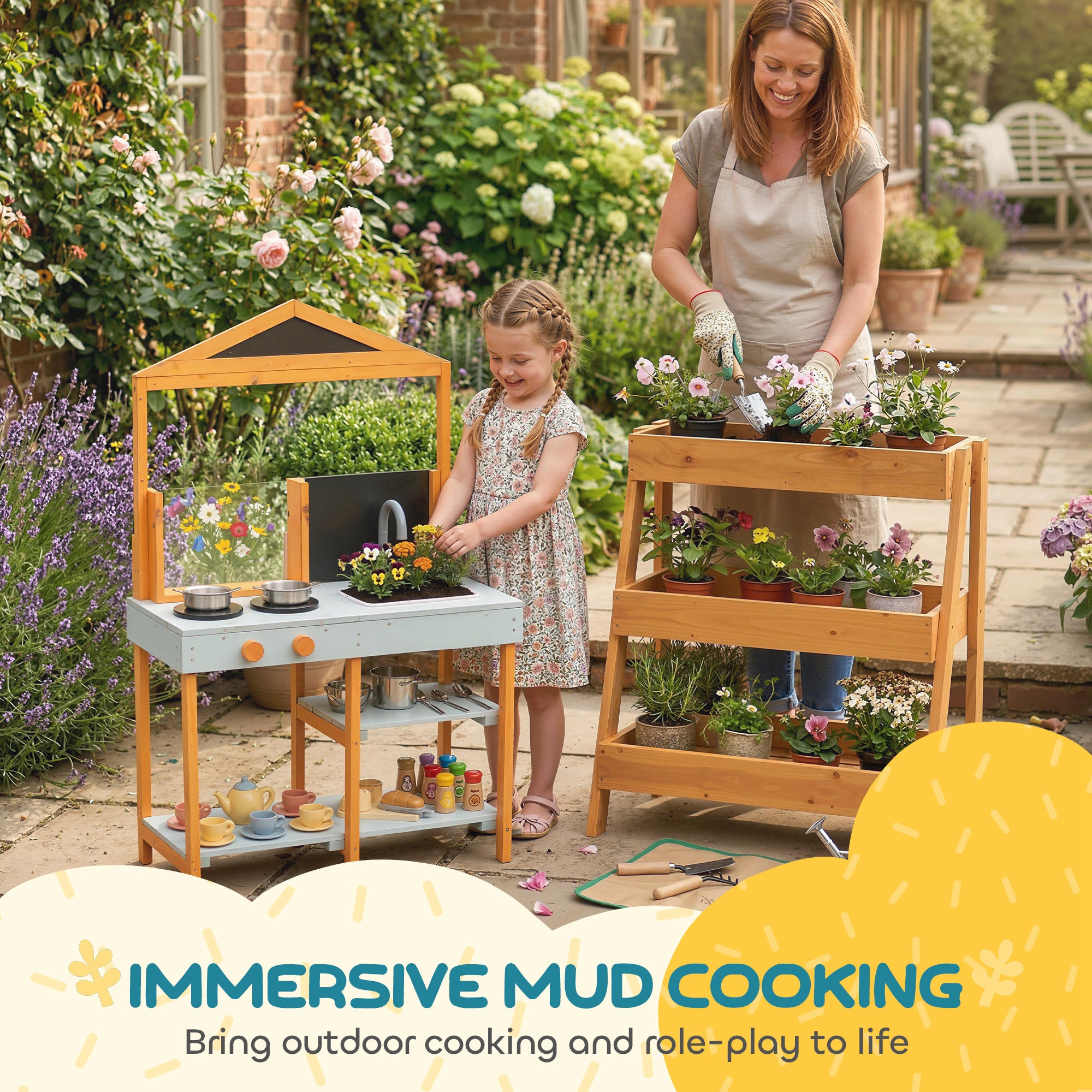Mud Kitchen Outdoor Play Kitchen, Wooden with Stove, Removable Sink & Shelves—Includes 4 Stainless Bowls & 3 Shovels, Ages 3–8, Light Blue