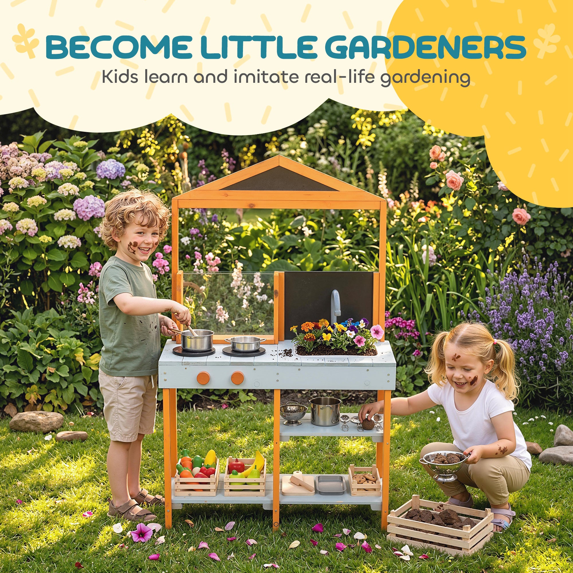 Mud Kitchen Outdoor Play Kitchen, Wooden with Stove, Removable Sink & Shelves—Includes 4 Stainless Bowls & 3 Shovels, Ages 3–8, Light Blue