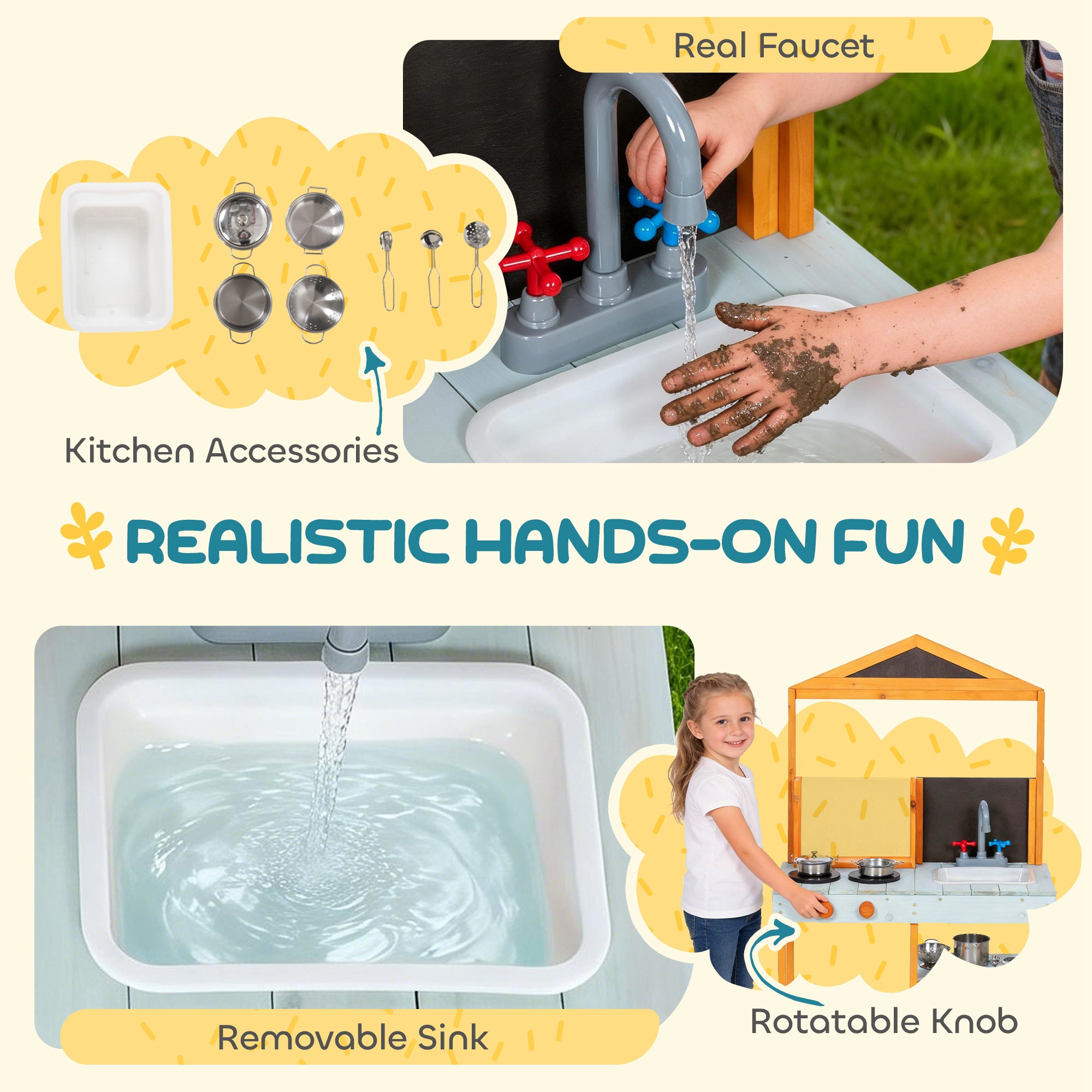 Mud Kitchen Outdoor Play Kitchen, Wooden with Stove, Removable Sink & Shelves—Includes 4 Stainless Bowls & 3 Shovels, Ages 3–8, Light Blue