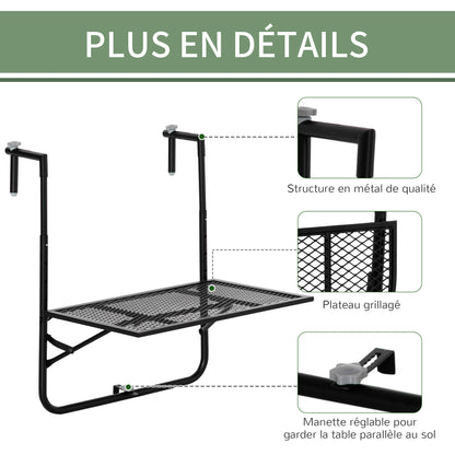 Foldable Metal Hanging Balcony Table with Adjustable Height 60L x 60W x 57-72H cm - Black