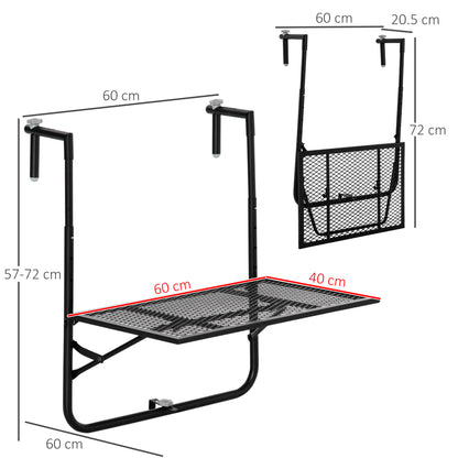 Foldable Metal Hanging Balcony Table with Adjustable Height 60L x 60W x 57-72H cm - Black