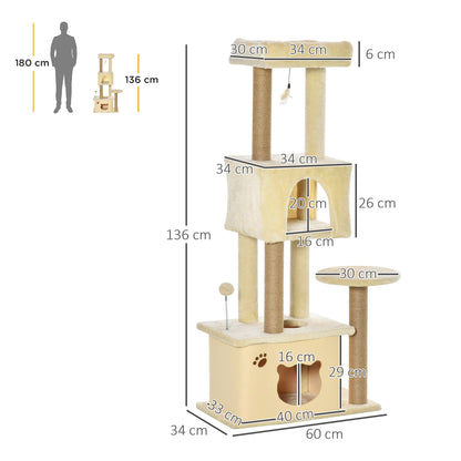 Large Cat Scratching Tree 60x34x136 cm Cat Tree with Platforms Plush Caves Detachable Jute Posts and Hanging Ball Beige