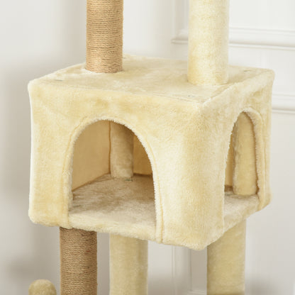 Large Cat Scratching Tree 60x34x136 cm Cat Tree with Platforms Plush Caves Detachable Jute Posts and Hanging Ball Beige