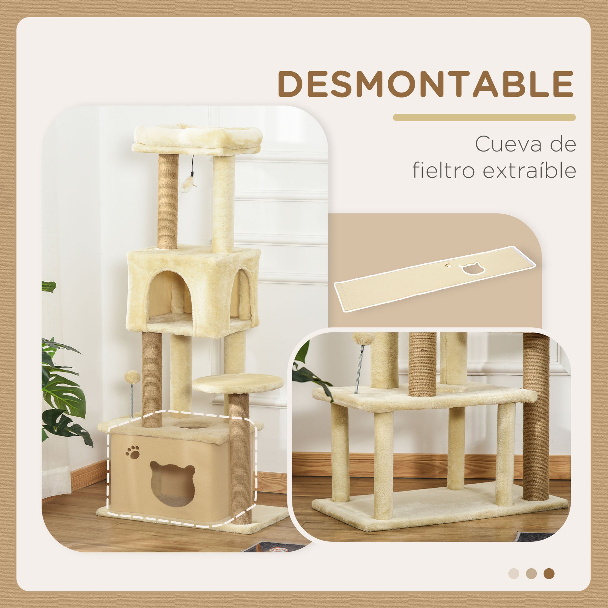 Large Cat Scratching Tree 60x34x136 cm Cat Tree with Platforms Plush Caves Detachable Jute Posts and Hanging Ball Beige