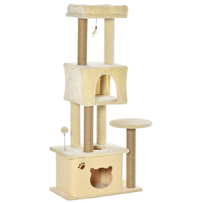 Large Cat Scratching Tree 60x34x136 cm Cat Tree with Platforms Plush Caves Detachable Jute Posts and Hanging Ball Beige