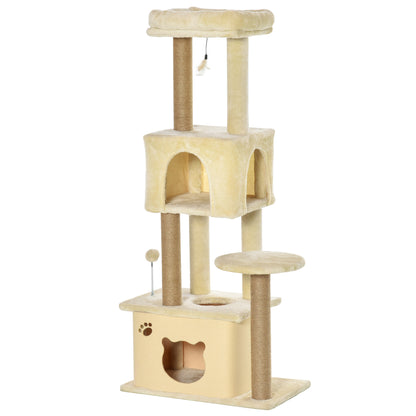 Large Cat Scratching Tree 60x34x136 cm Cat Tree with Platforms Plush Caves Detachable Jute Posts and Hanging Ball Beige