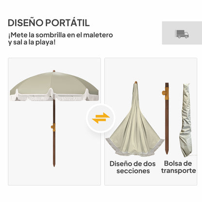 Large Beach Umbrella with Fringe Ø190 cm Outdoor Terrace Umbrella with UV40+ Protection Windproof Waterproof 32 mm Pole and Light Olive Green Carrying Bag