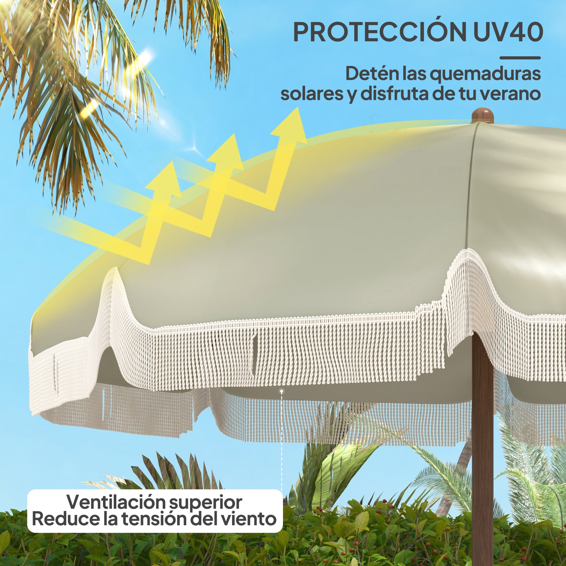 Large Beach Umbrella with Fringe Ø190 cm Outdoor Terrace Umbrella with UV40+ Protection Windproof Waterproof 32 mm Pole and Light Olive Green Carrying Bag