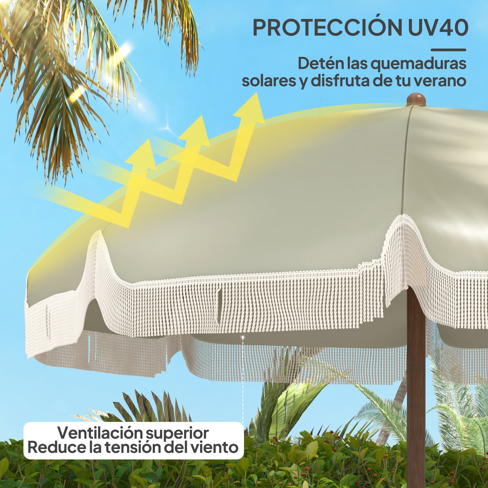 Large Beach Umbrella with Fringe Ø190 cm Outdoor Terrace Umbrella with UV40+ Protection Windproof Waterproof 32 mm Pole and Light Olive Green Carrying Bag