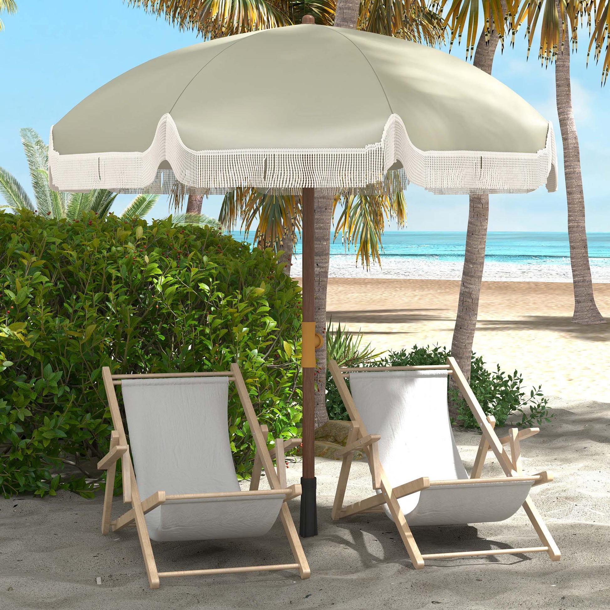 Large Beach Umbrella with Fringe Ø190 cm Outdoor Terrace Umbrella with UV40+ Protection Windproof Waterproof 32 mm Pole and Light Olive Green Carrying Bag