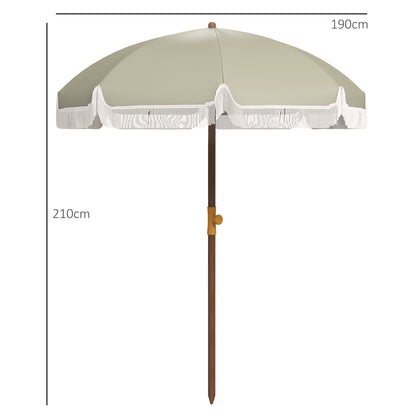 Large Beach Umbrella with Fringe Ø190 cm Outdoor Terrace Umbrella with UV40+ Protection Windproof Waterproof 32 mm Pole and Light Olive Green Carrying Bag