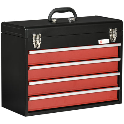 empty tool box, 51 x 22 x 39.5 cm toolbox with 4 drawers, upper storage compartment, handle, toolbox with 2 locks, made of steel, Black+Red