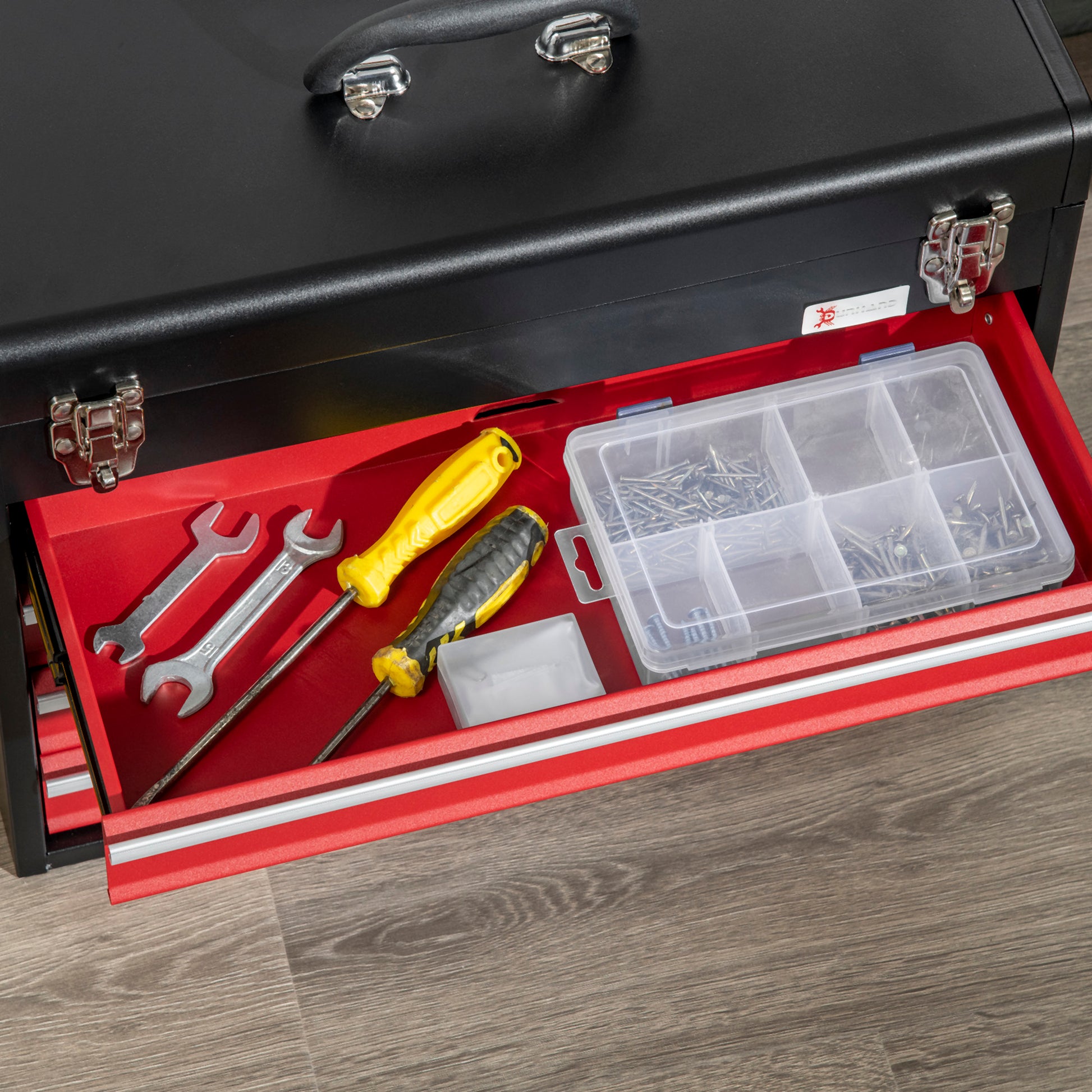 empty tool box, 51 x 22 x 39.5 cm toolbox with 4 drawers, upper storage compartment, handle, toolbox with 2 locks, made of steel, Black+Red