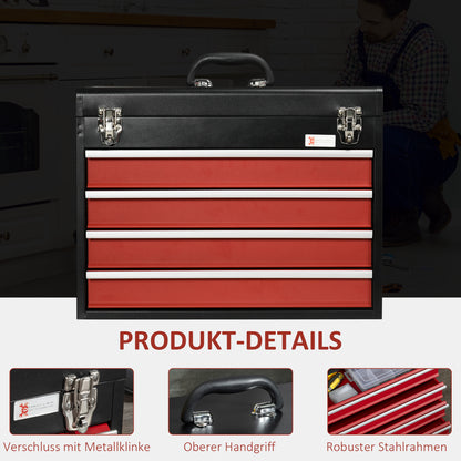 empty tool box, 51 x 22 x 39.5 cm toolbox with 4 drawers, upper storage compartment, handle, toolbox with 2 locks, made of steel, Black+Red