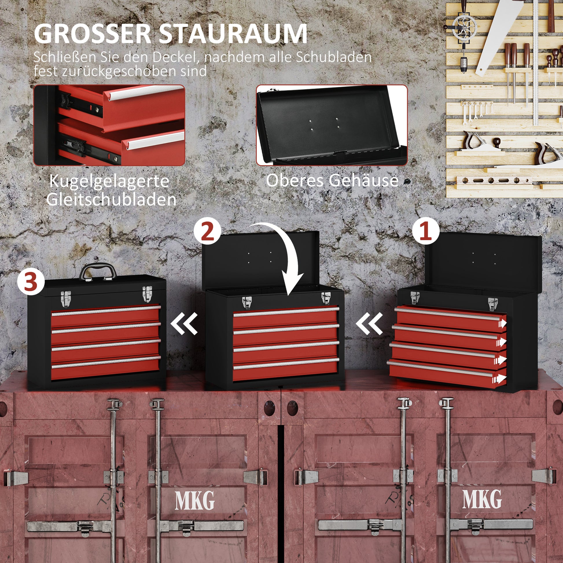 empty tool box, 51 x 22 x 39.5 cm toolbox with 4 drawers, upper storage compartment, handle, toolbox with 2 locks, made of steel, Black+Red