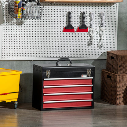 empty tool box, 51 x 22 x 39.5 cm toolbox with 4 drawers, upper storage compartment, handle, toolbox with 2 locks, made of steel, Black+Red