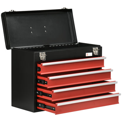empty tool box, 51 x 22 x 39.5 cm toolbox with 4 drawers, upper storage compartment, handle, toolbox with 2 locks, made of steel, Black+Red