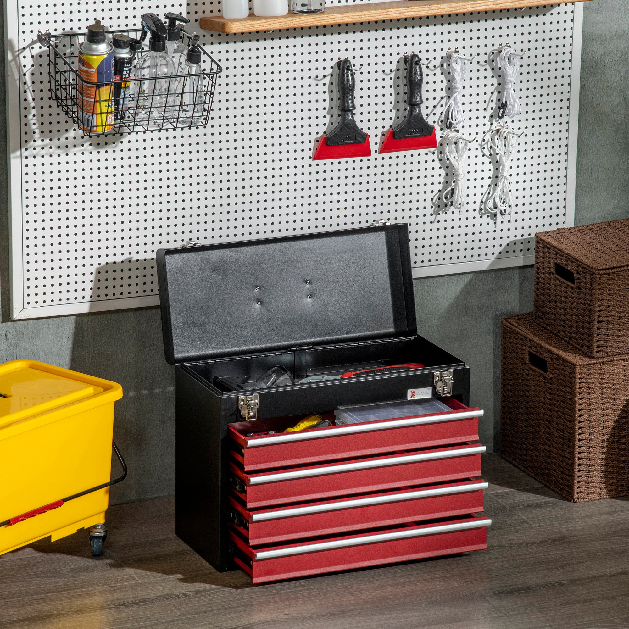 empty tool box, 51 x 22 x 39.5 cm toolbox with 4 drawers, upper storage compartment, handle, toolbox with 2 locks, made of steel, Black+Red