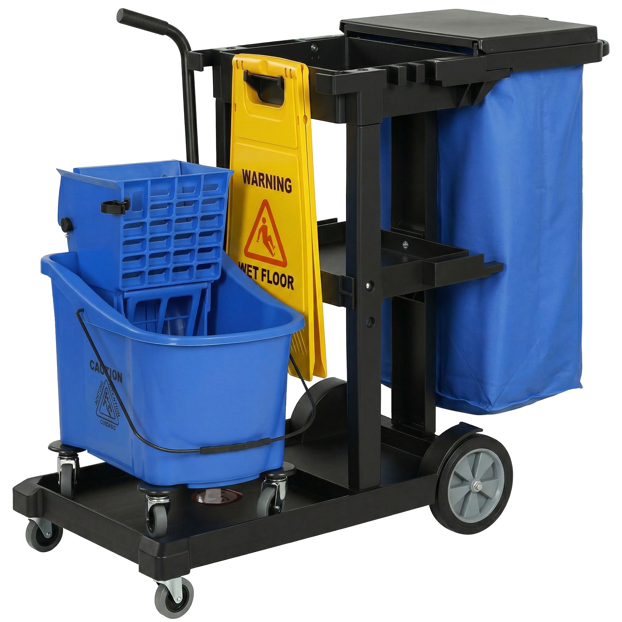 Janitorial Cart Cleaning Trolley with 3 Tiers, 70 L Trash Bag with Lid, Casters, Wringer Mop Bucket, Tool Holders & Wet Floor Sign for Hotels, Malls, Offices — 122 x 46.5 x 101 cm (48 x 18.3 x 39.8 in)