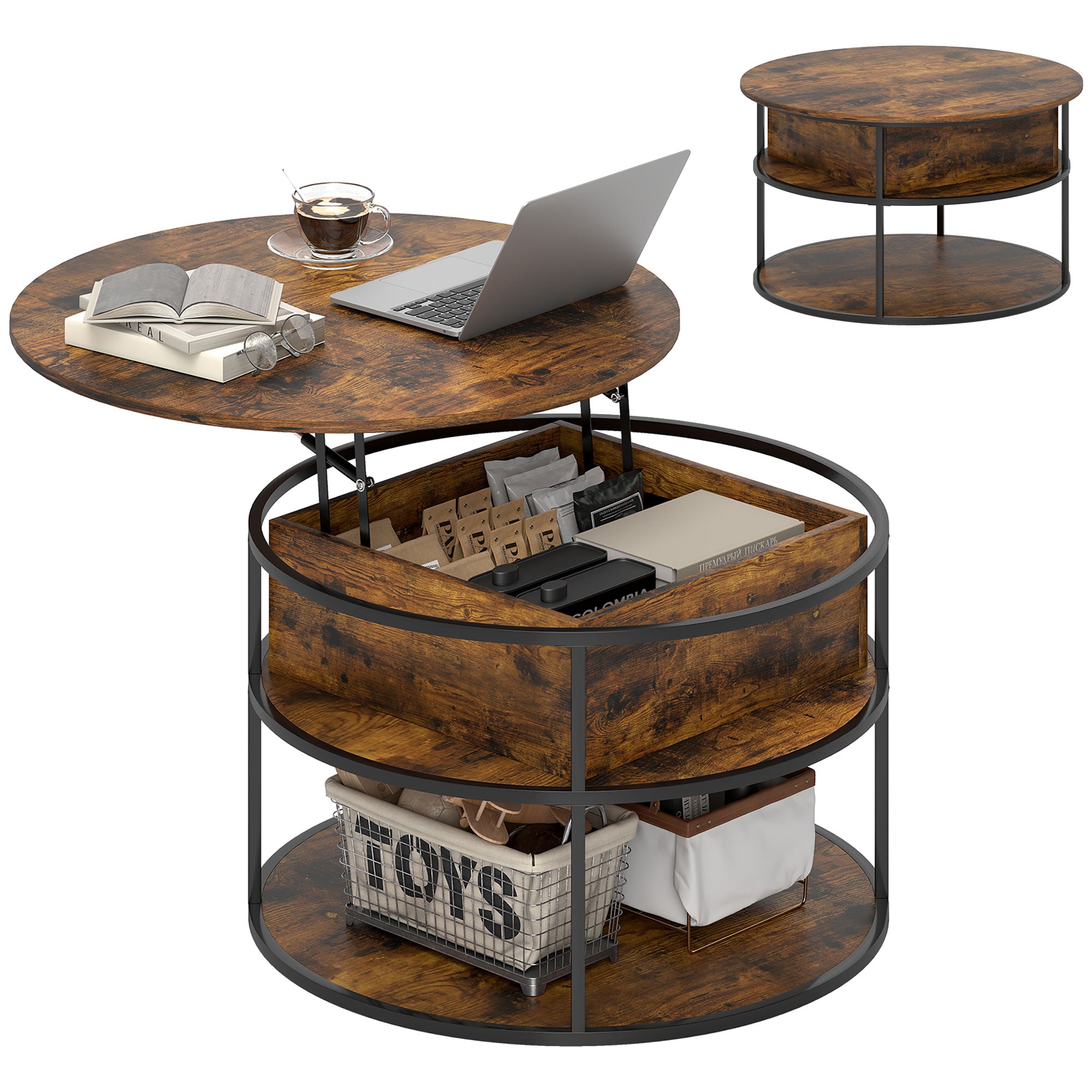 Round Coffee Table Height Adjustable Ø80 cm Living Room Table with Shelf and Hidden Storage Coffee Table Side Table for Living Room, Brown