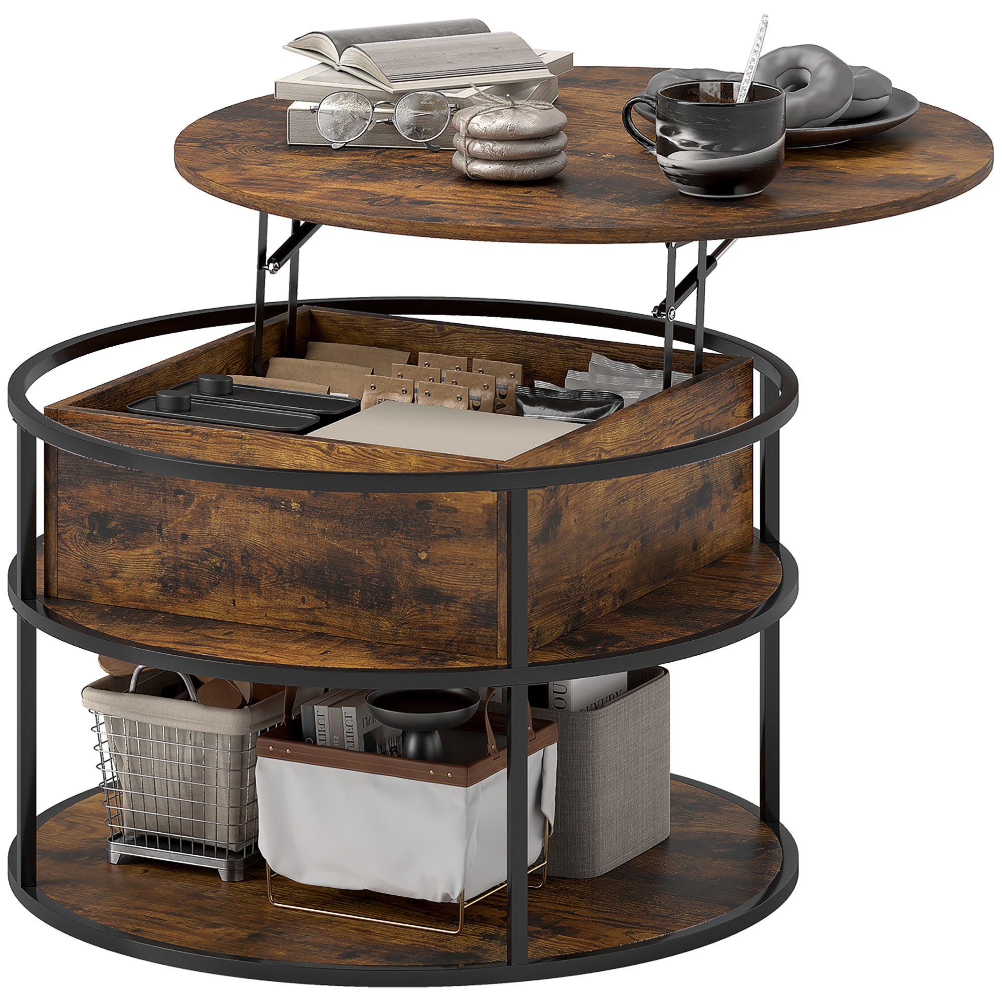 Round Coffee Table Height Adjustable Ø80 cm Living Room Table with Shelf and Hidden Storage Coffee Table Side Table for Living Room, Brown