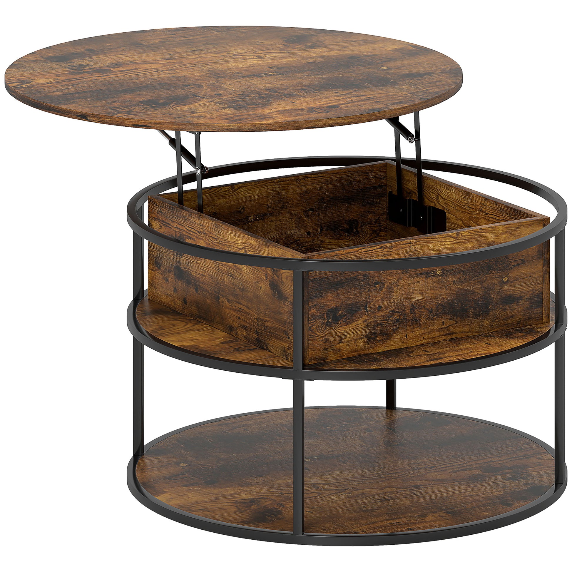 Round Coffee Table Height Adjustable Ø80 cm Living Room Table with Shelf and Hidden Storage Coffee Table Side Table for Living Room, Brown