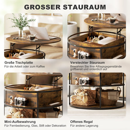 Round Coffee Table Height Adjustable Ø80 cm Living Room Table with Shelf and Hidden Storage Coffee Table Side Table for Living Room, Brown