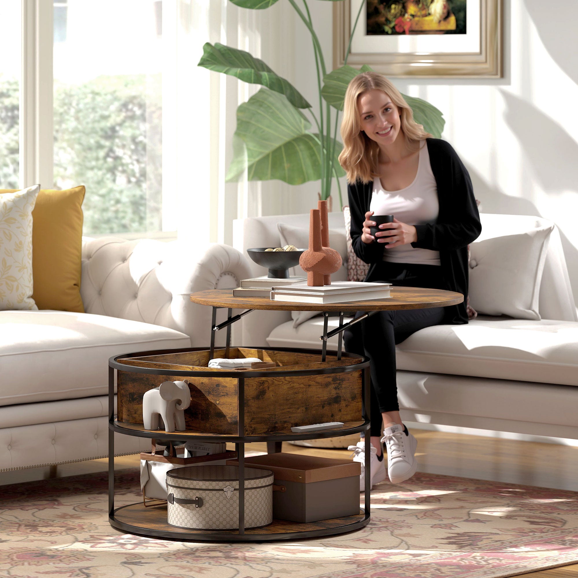 Round Coffee Table Height Adjustable Ø80 cm Living Room Table with Shelf and Hidden Storage Coffee Table Side Table for Living Room, Brown