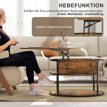 Round Coffee Table Height Adjustable Ø80 cm Living Room Table with Shelf and Hidden Storage Coffee Table Side Table for Living Room, Brown